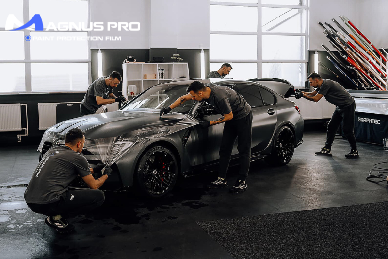 Kỹ thuật viên thi công dán PPF Magnus Pro toàn diện cho xe